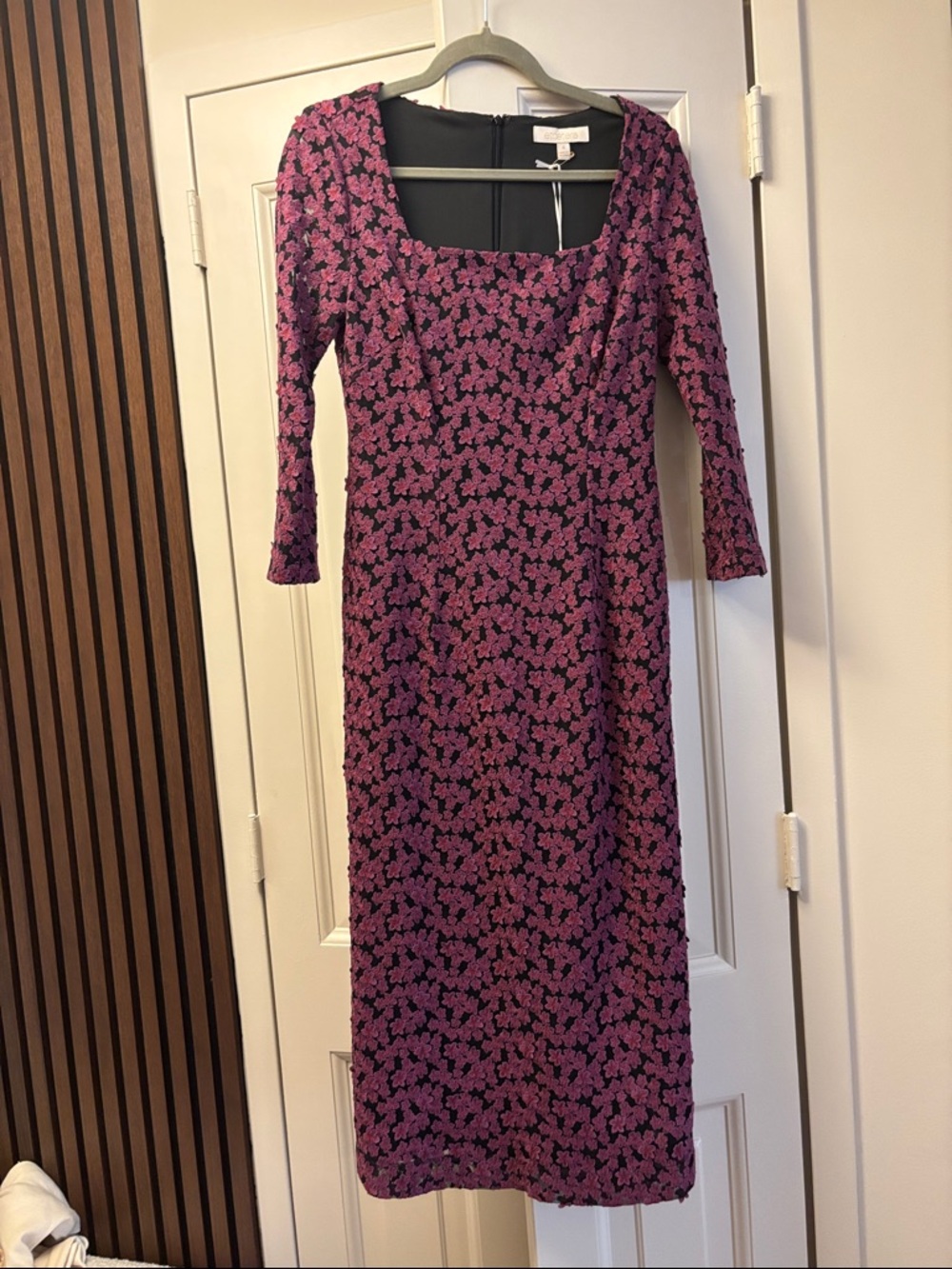 Etcetera Black and Pink Long-Sleeve Floral Jacquard Midi Dress